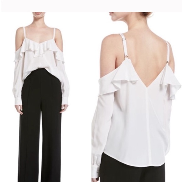 NWT A.L.C. Felix Silk Cold Shoulder Long Sleeve Ruffle Top Blouse Gesso 6 $325 - Picture 2 of 11